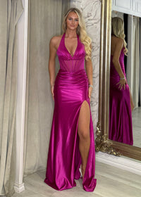 Hot Pink Fitted Prom Dress With Halter Neckline
