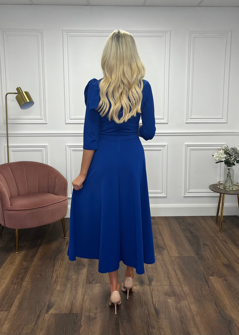 Royal Blue V-Neck A-Line Dress With Bow Shoulder