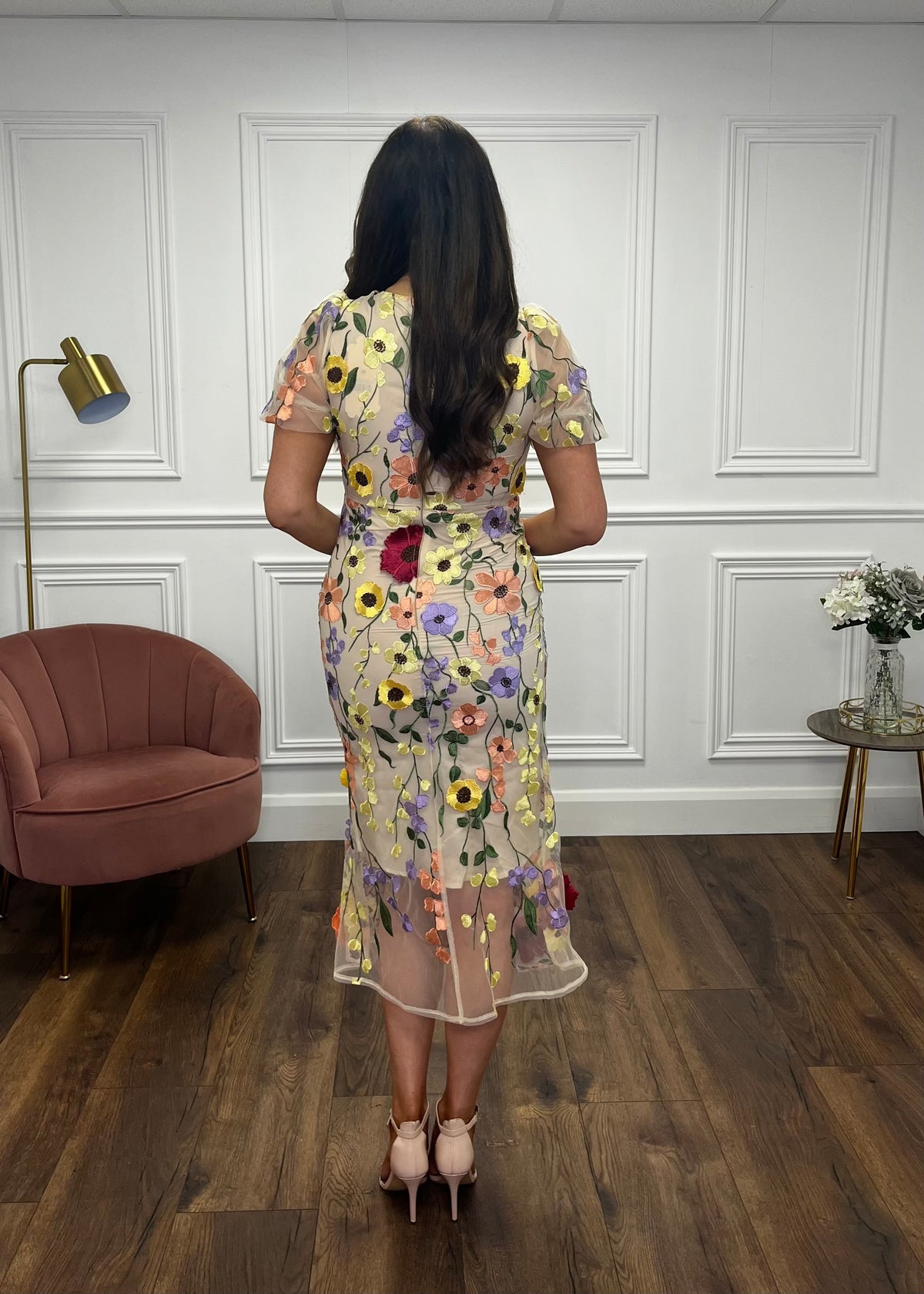 “Polly” Dress With 3D Floral Print And Nude Underlay