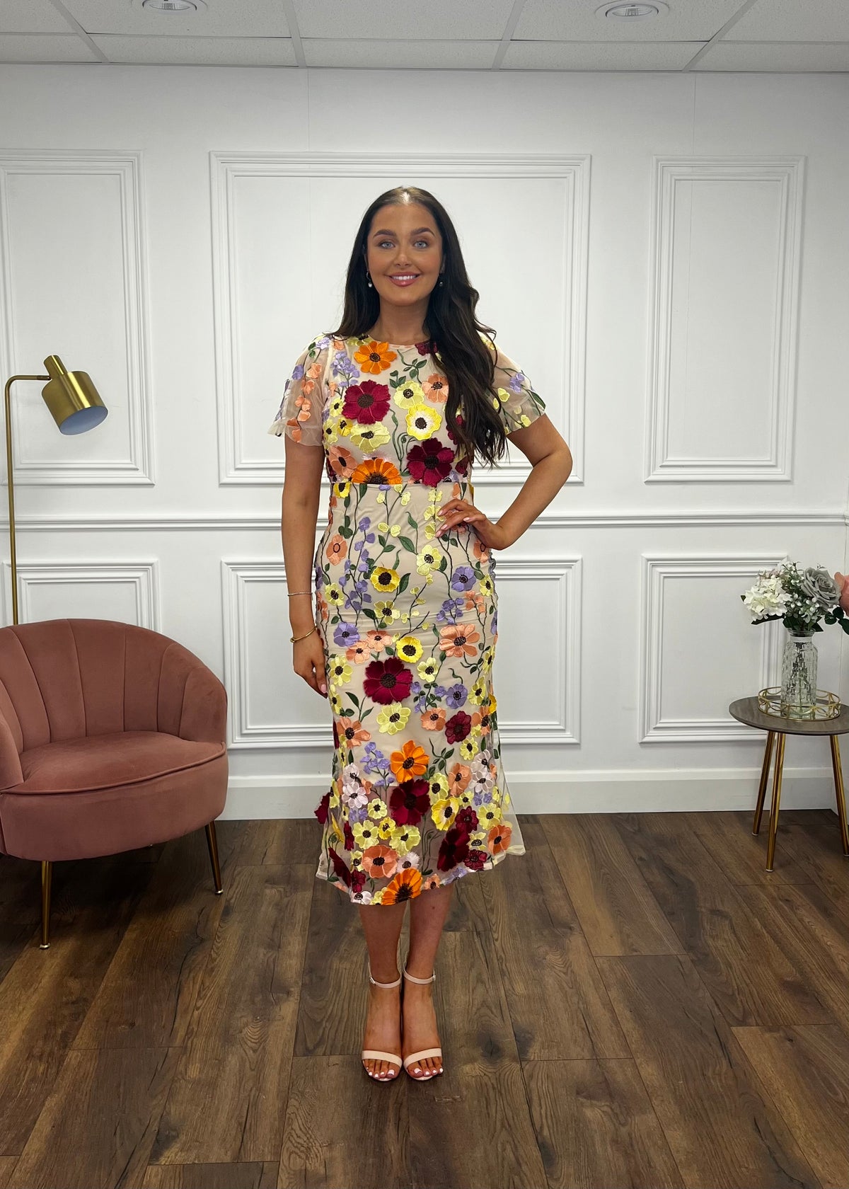 “Polly” Dress With 3D Floral Print And Nude Underlay