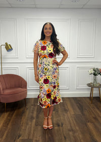 “Polly” Dress With 3D Floral Print And Nude Underlay