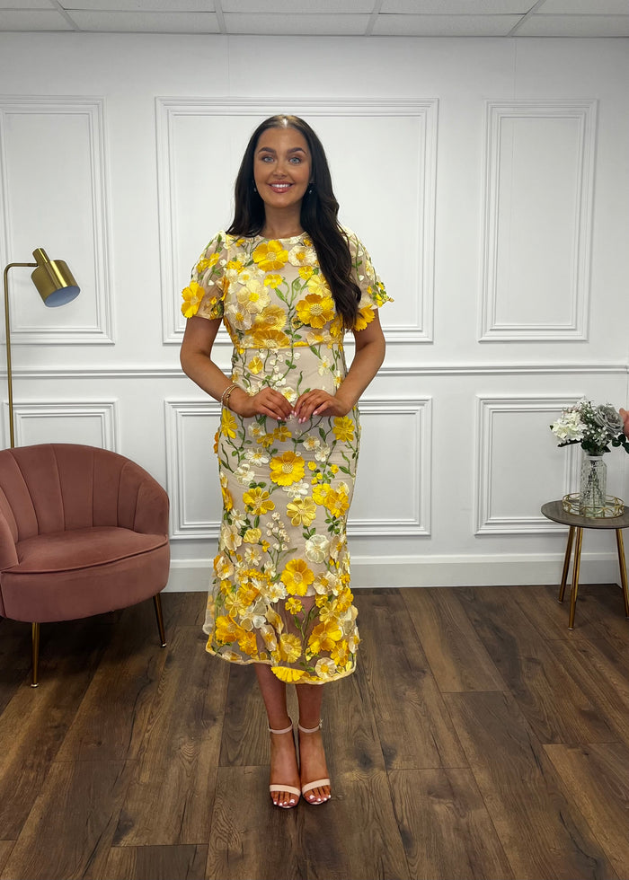 “Polly” Dress In Yellow With 3D Floral Print