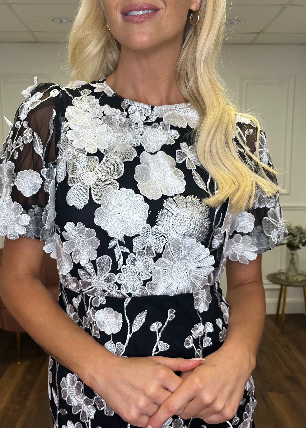 “Polly” Dress In Black With 3D Floral Print