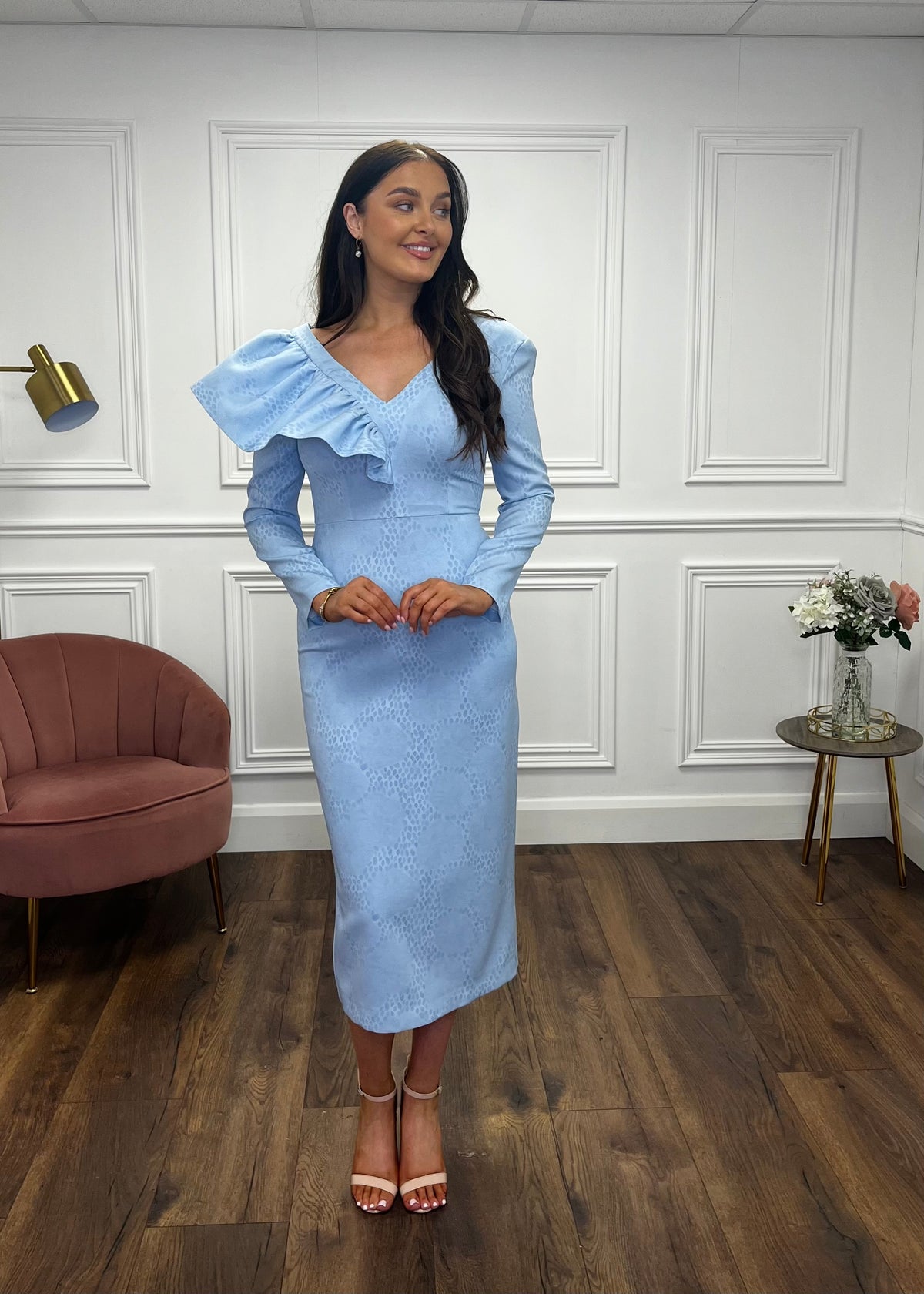 Powder Blue Fitted Dress With Full Length Sleeves Pure Boutique Powder Blue Fitted Dress With Full Length Sleeves Pure Boutique