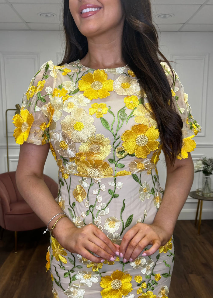 “Polly” Dress In Yellow With 3D Floral Print