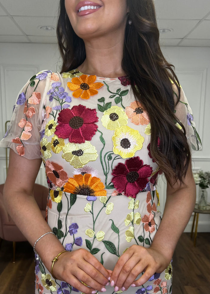 “Polly” Dress With 3D Floral Print And Nude Underlay