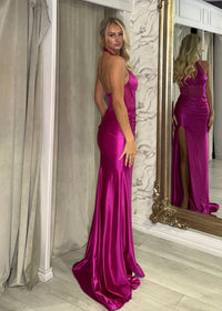 Hot Pink Fitted Prom Dress With Halter Neckline