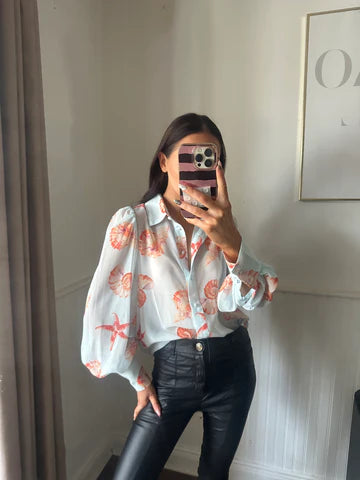 "Callie" Shirt in Blue & Orange Print