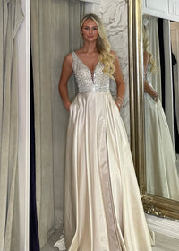 Champagne A-Line Prom Dress With Beaded Top