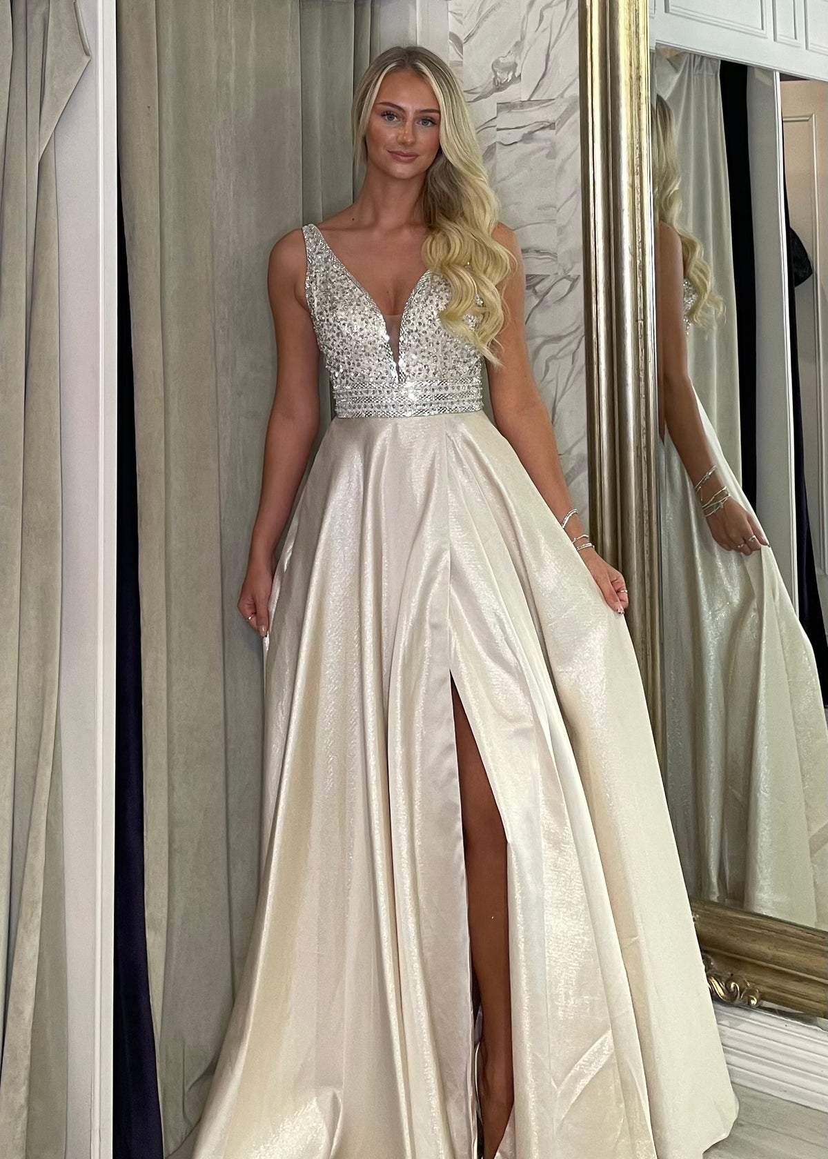 Champagne A-Line Prom Dress With Beaded Top