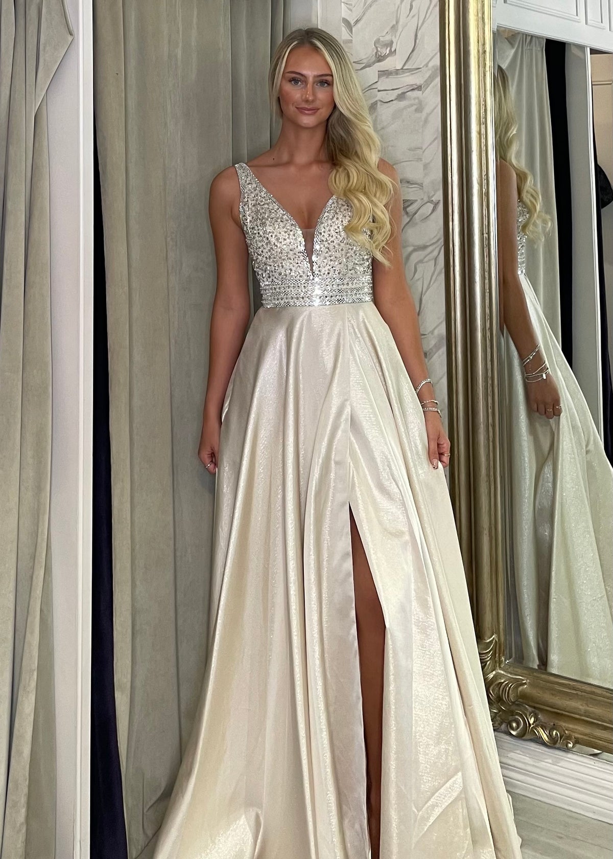 Champagne A-Line Prom Dress With Beaded Top