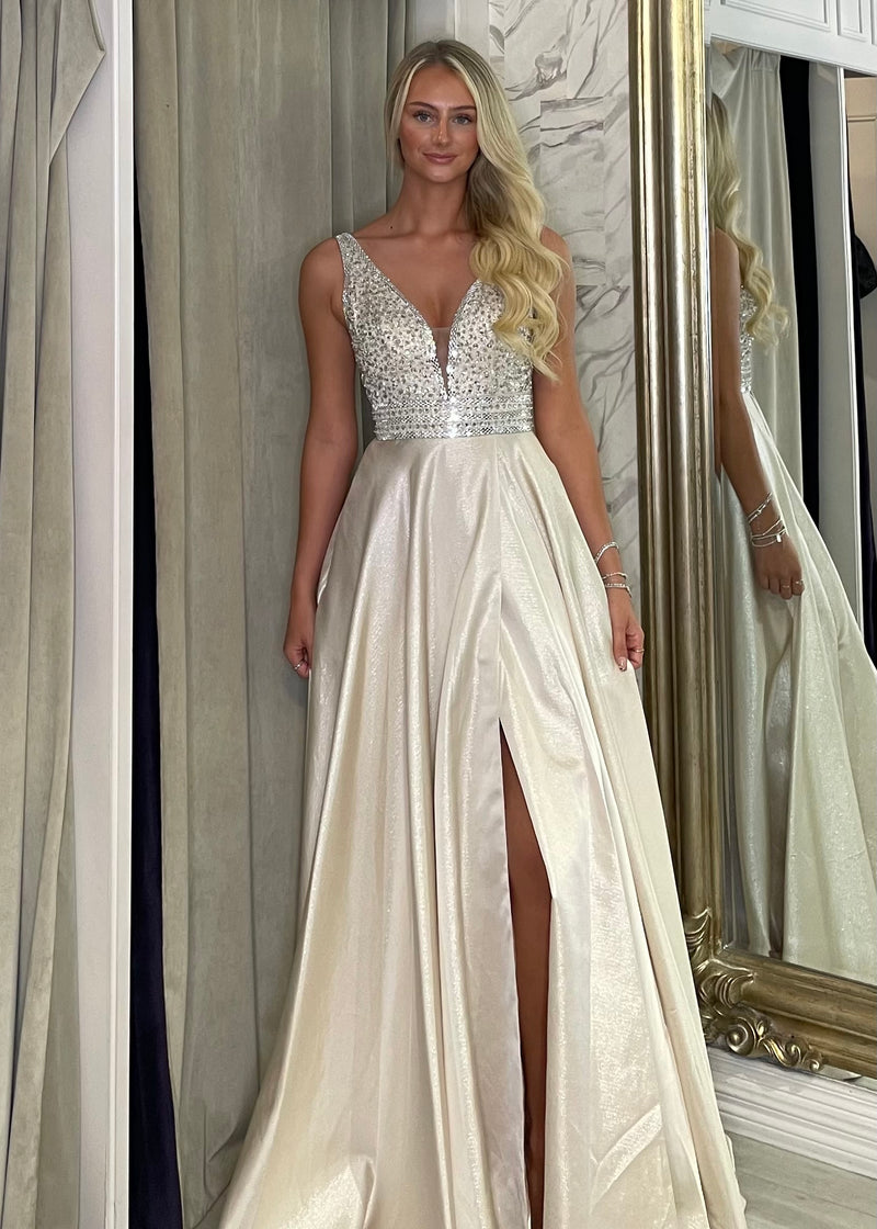 Champagne A-Line Prom Dress With Beaded Top