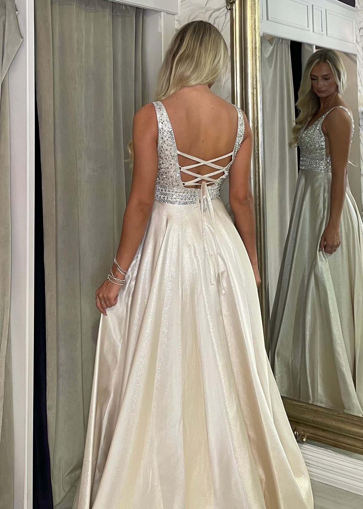 Champagne A-Line Prom Dress With Beaded Top