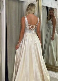 Champagne A-Line Prom Dress With Beaded Top