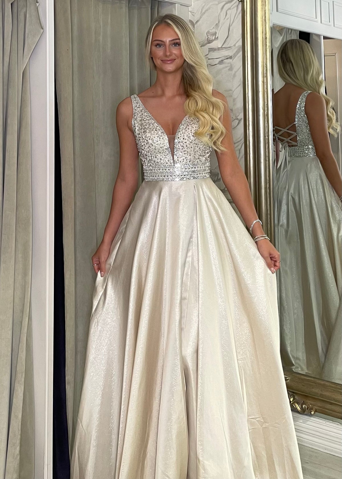 Champagne A-Line Prom Dress With Beaded Top