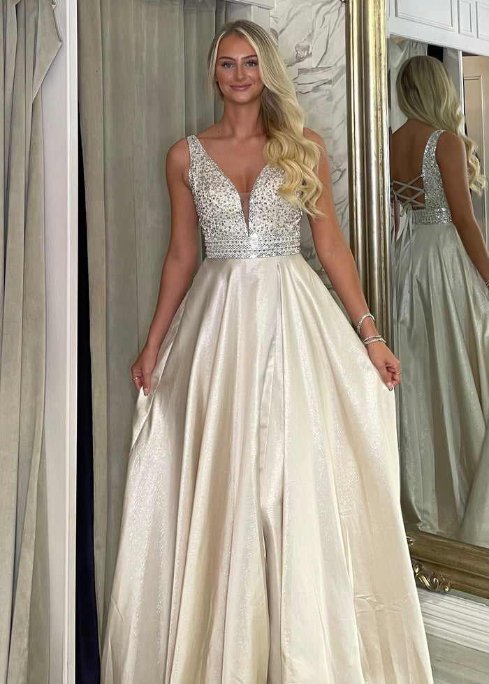 Champagne A-Line Prom Dress With Beaded Top