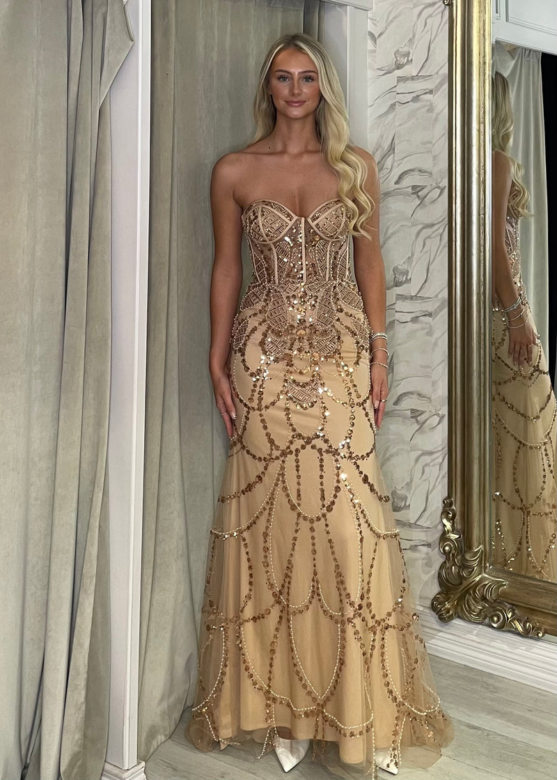 Gold Fitted Embellished Prom Dress