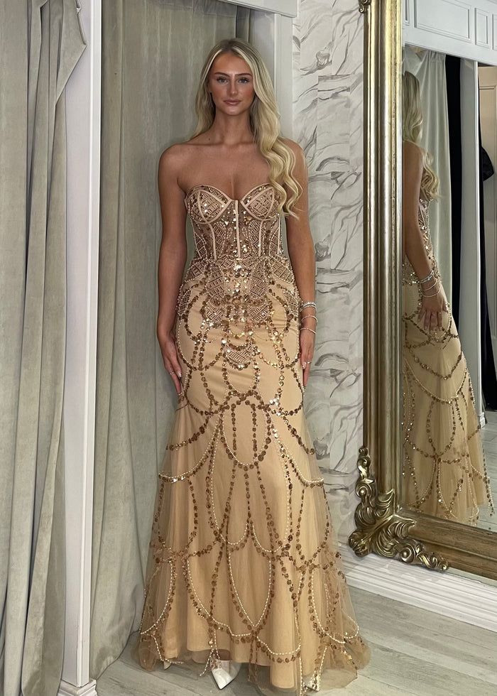 Gold Fitted Embellished Prom Dress