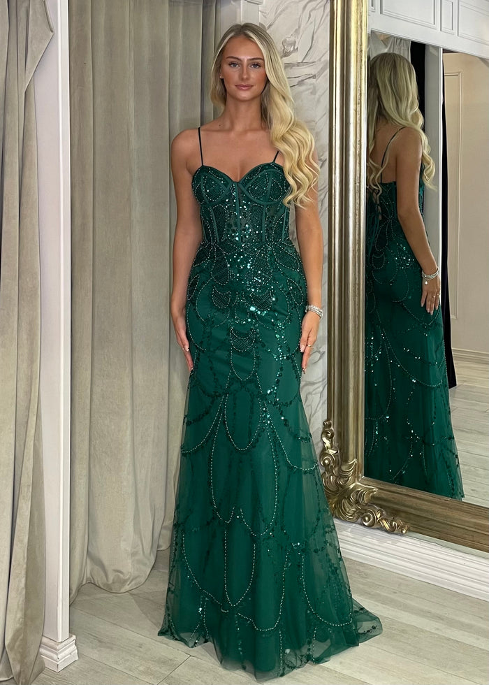 Green Fitted Embellished Prom Dress