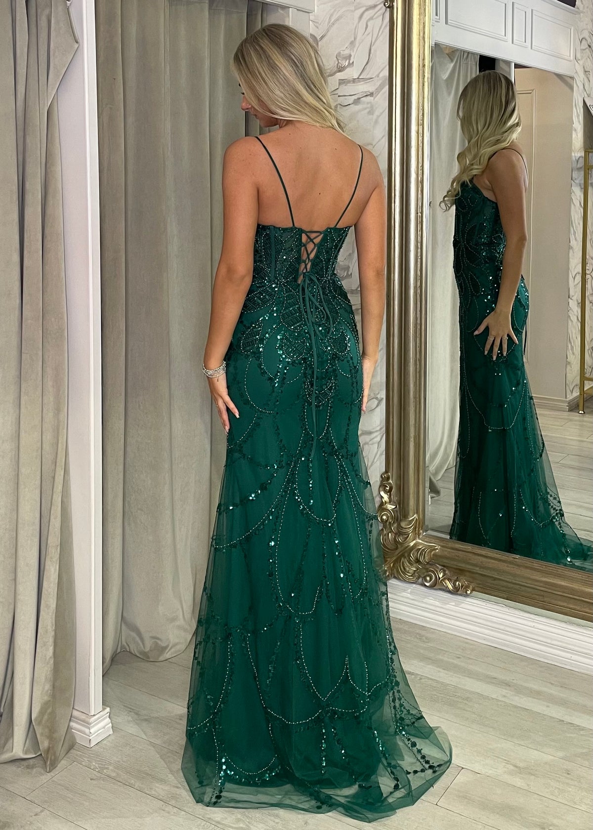 Green Fitted Embellished Prom Dress