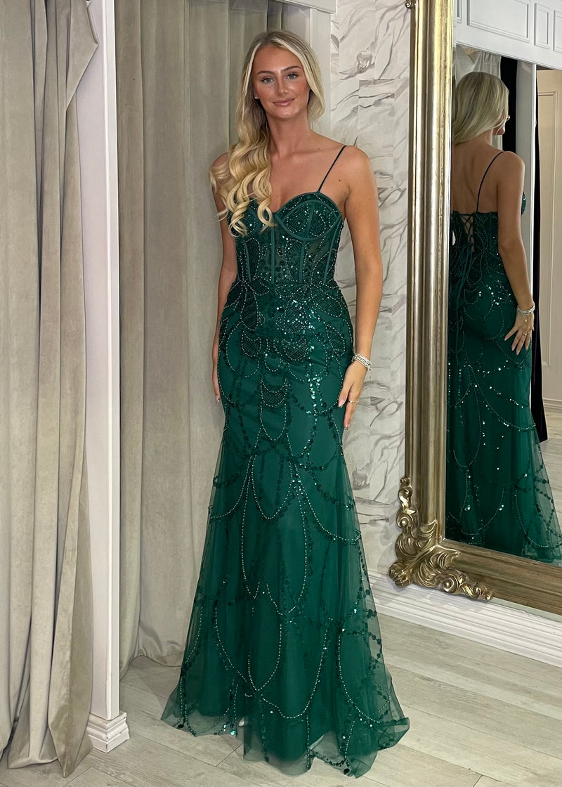 Green Fitted Embellished Prom Dress