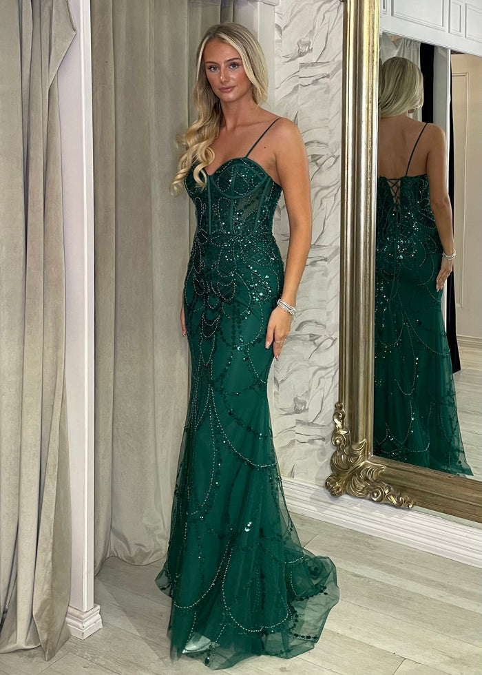 Green Fitted Embellished Prom Dress
