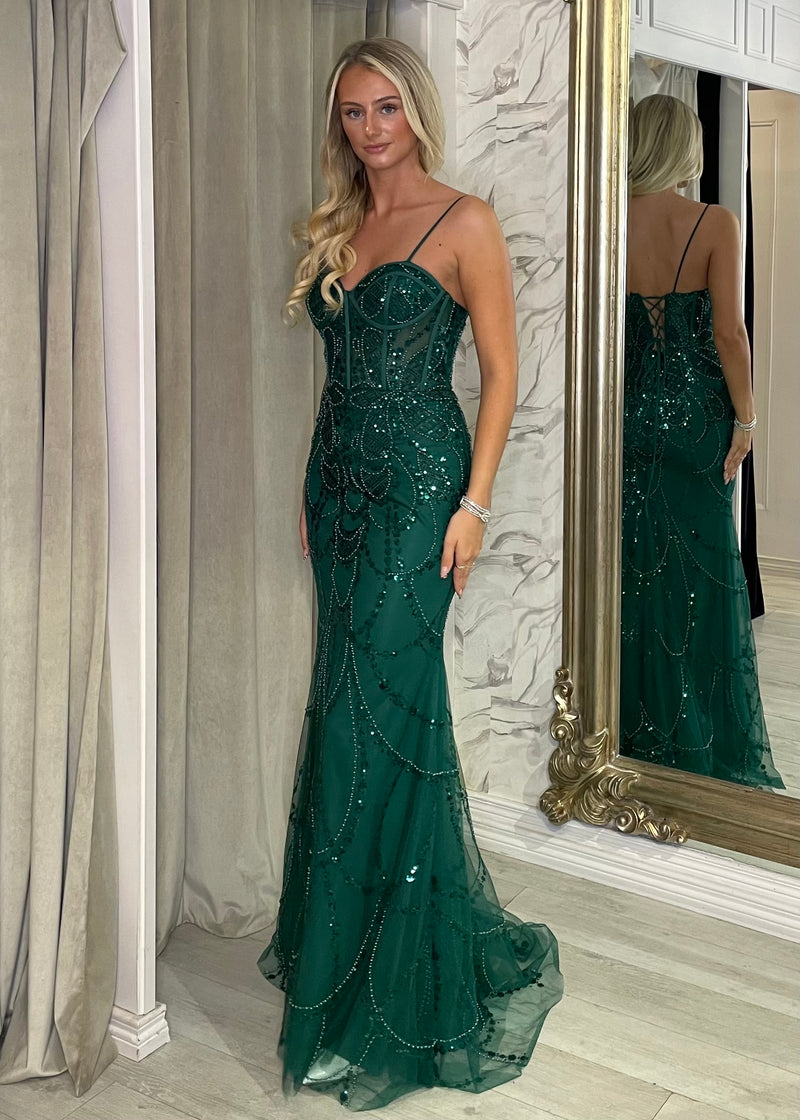 Green Fitted Embellished Prom Dress