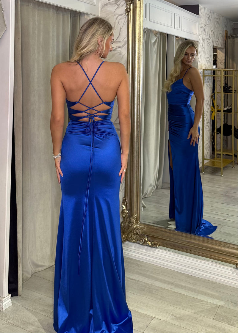 Royal Blue Satin Prom Dress With Ruching Detail