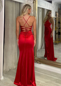 Red Satin Prom Dress With Ruching Detail