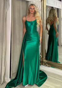 Green Satin Prom Dress With Sash Detail