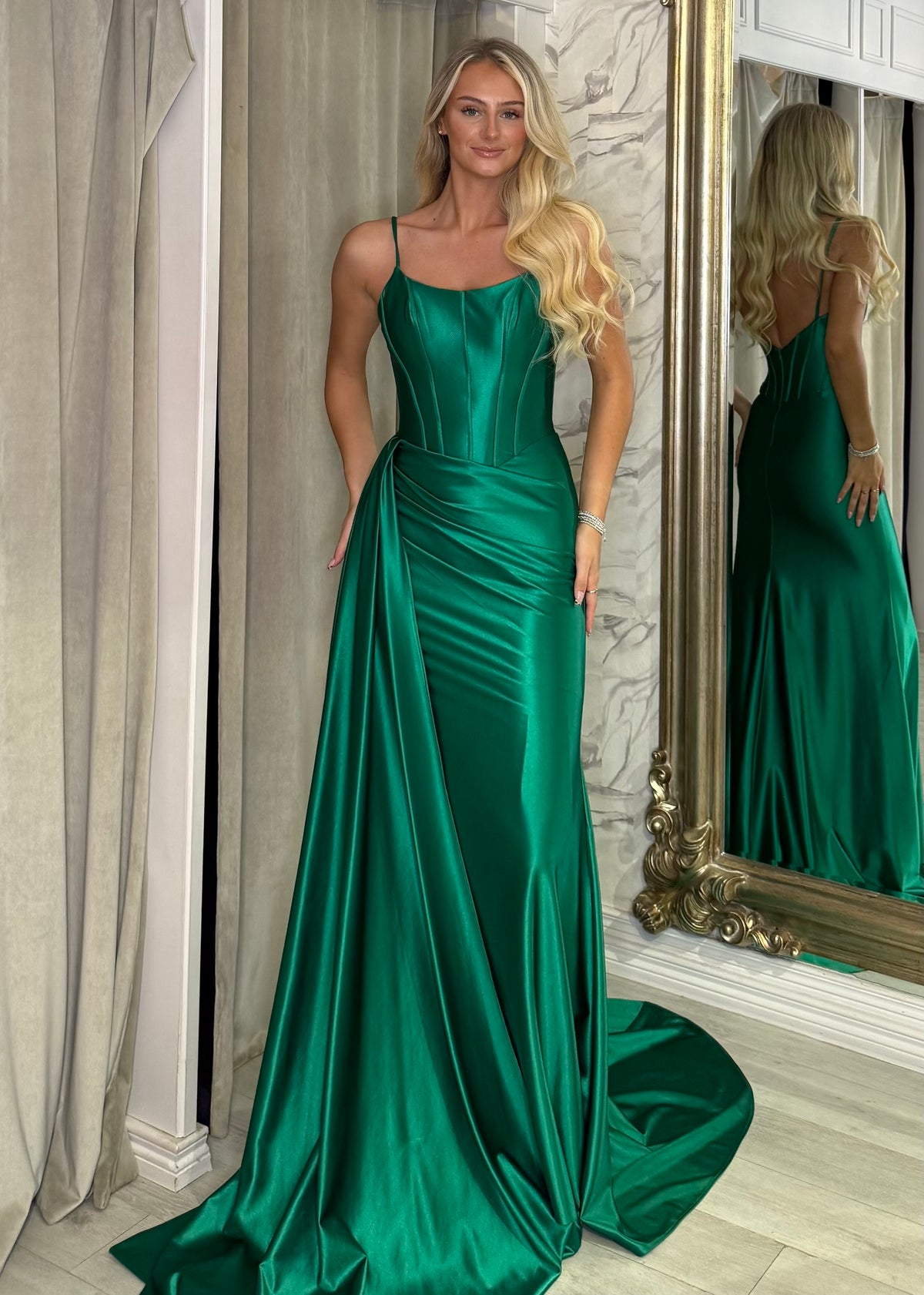 Green Satin Prom Dress With Sash Detail