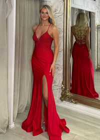 Red Fitted Prom Dress With Embellished Detail