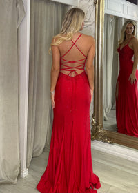 Red Fitted Prom Dress With Embellished Detail