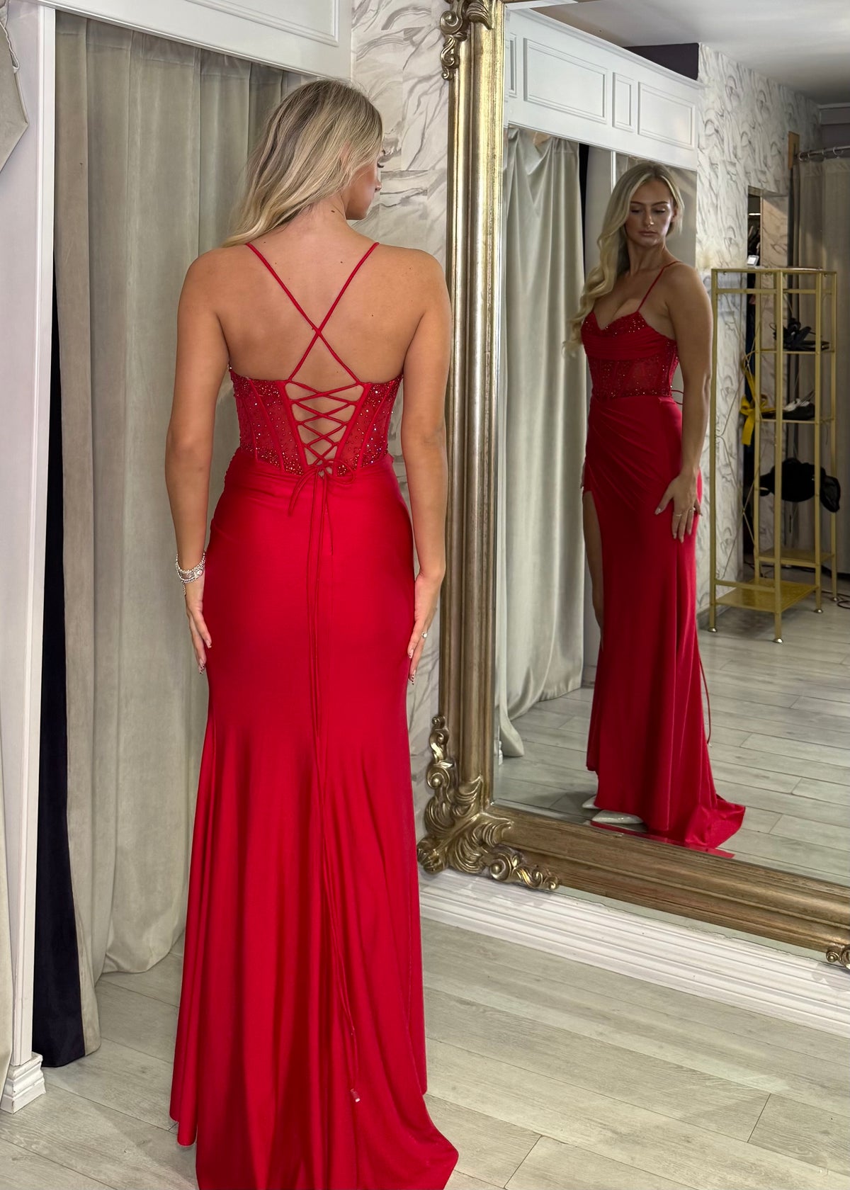 Red Fitted Prom Dress With Embellished Corset