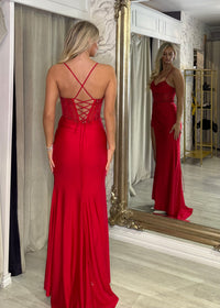 Red Fitted Prom Dress With Embellished Corset