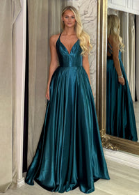 Teal Satin Ballgown With Halter Neckline