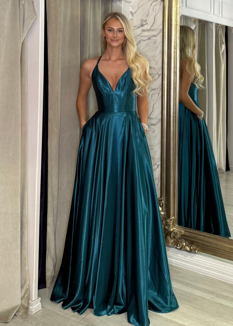 Teal Satin Ballgown With Halter Neckline