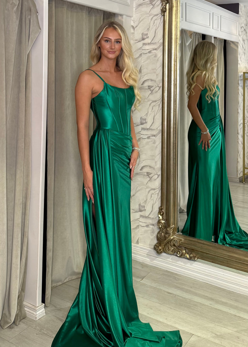 Green Satin Prom Dress With Sash Detail