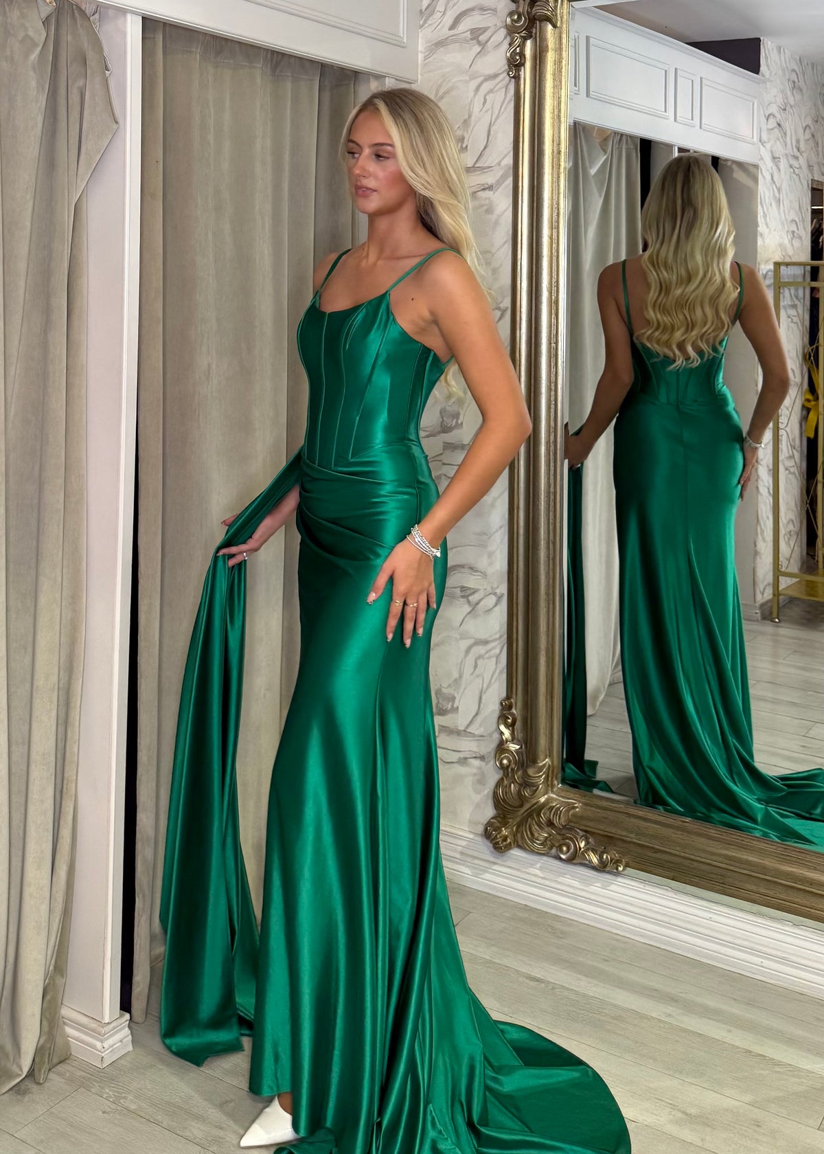 Green Satin Prom Dress With Sash Detail