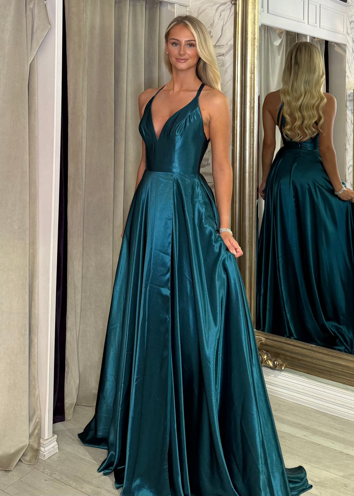 Teal Satin Ballgown With Halter Neckline