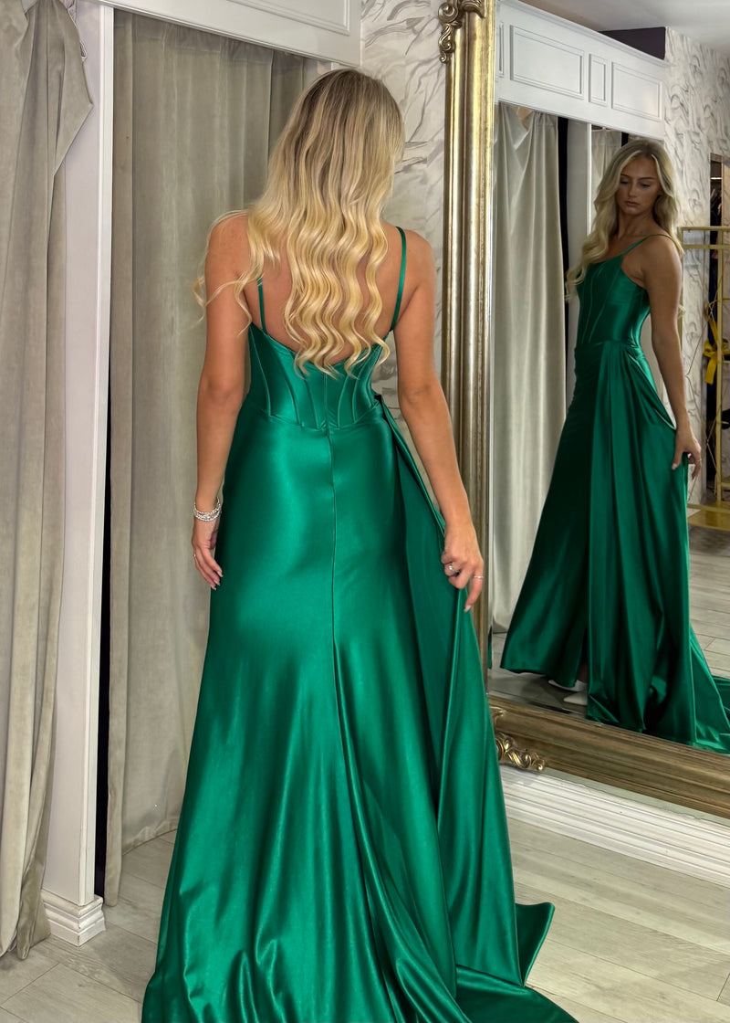 Green Satin Prom Dress With Sash Detail