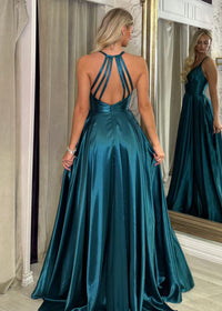 Teal Satin Ballgown With Halter Neckline