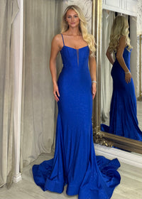 Royal Blue Shimmer Fabric Prom Dress With Train