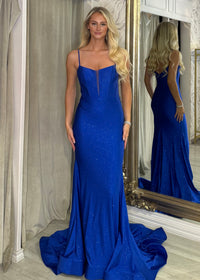 Royal Blue Shimmer Fabric Prom Dress With Train