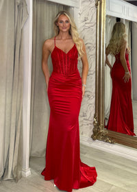 Red Fitted Prom Dress With Corset Detail