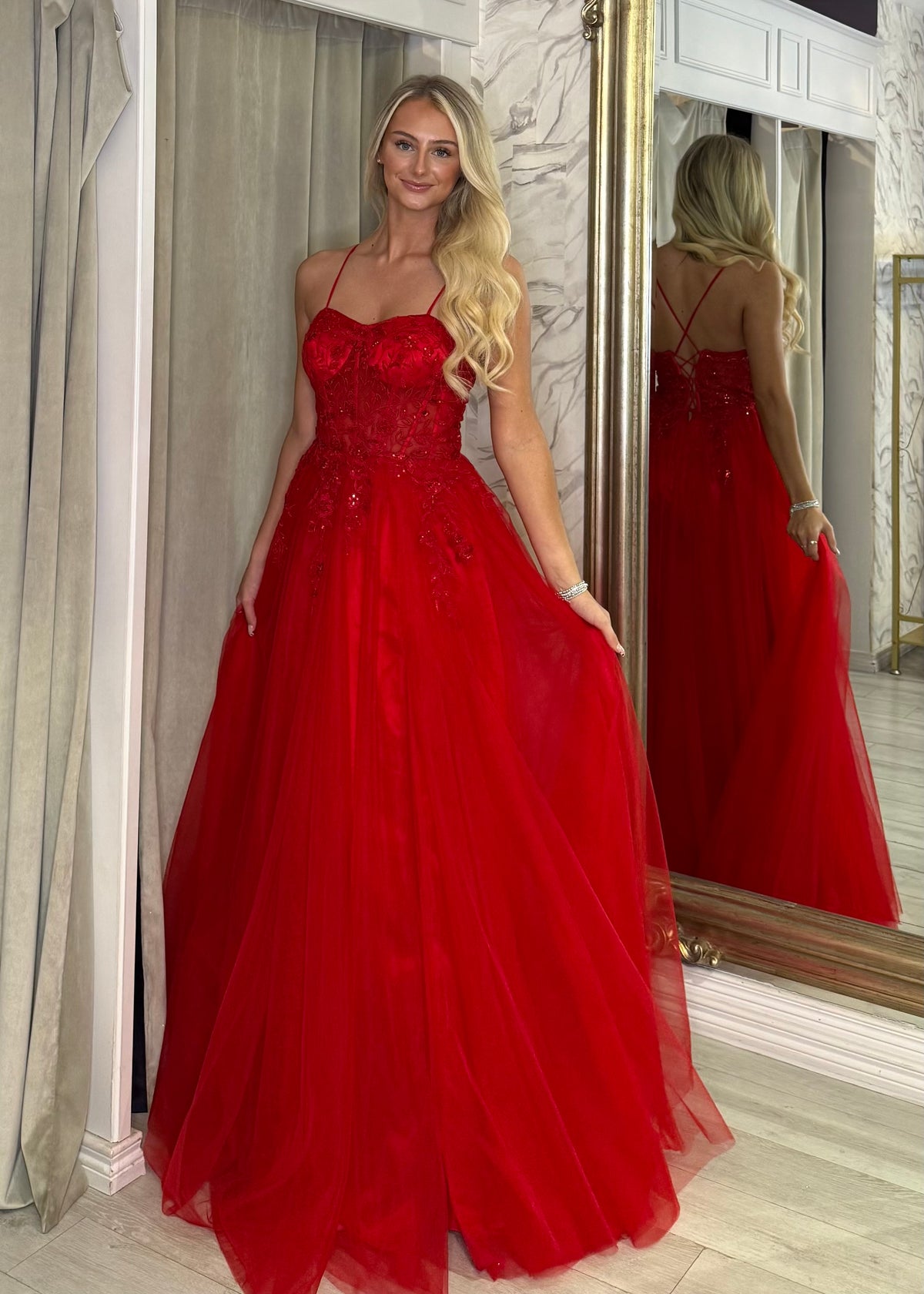 Red Ballgown With Corset Detail & Lace Back