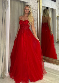 Red Ballgown With Corset Detail & Lace Back