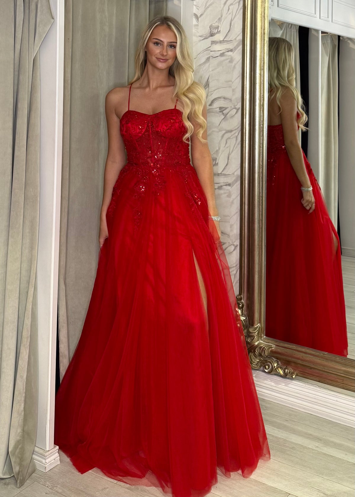 Red Ballgown With Corset Detail & Lace Back