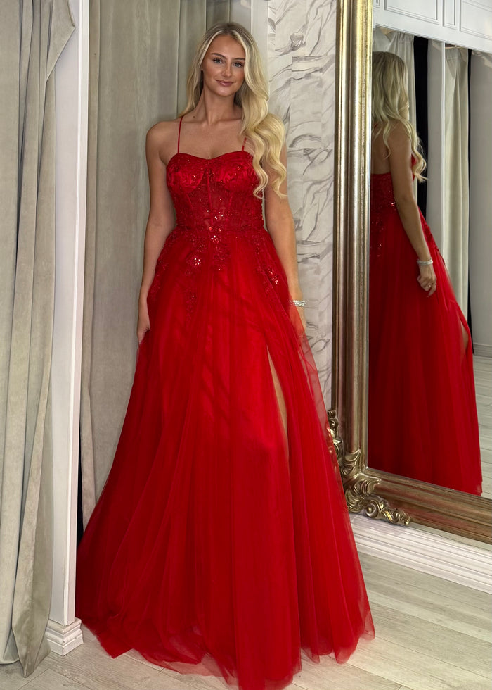 Red Ballgown With Corset Detail & Lace Back