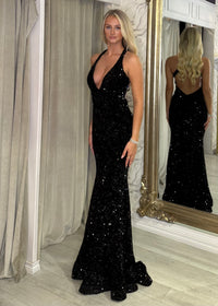 Black Sequin Prom Dress With Deep Neckline